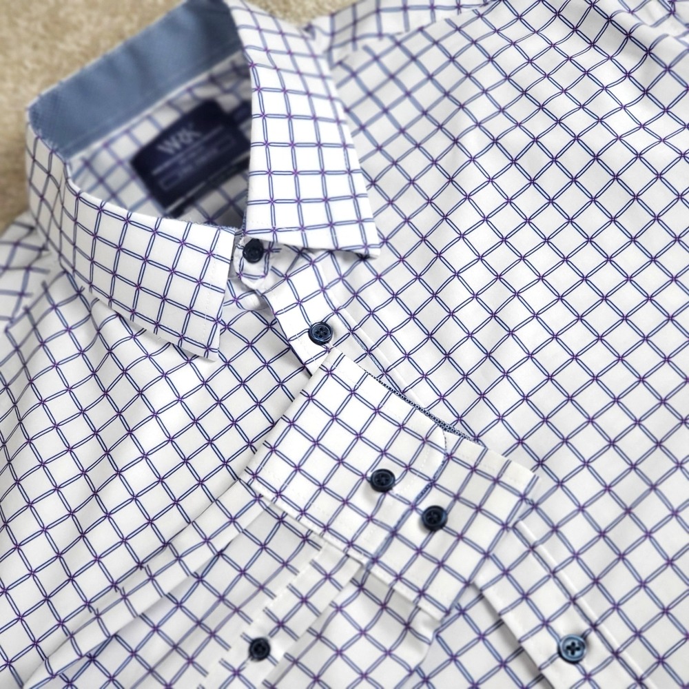 WRK 4-Way Stretch Button Shirt Men's 17.5 Blue White Pink Geometric Preppycore